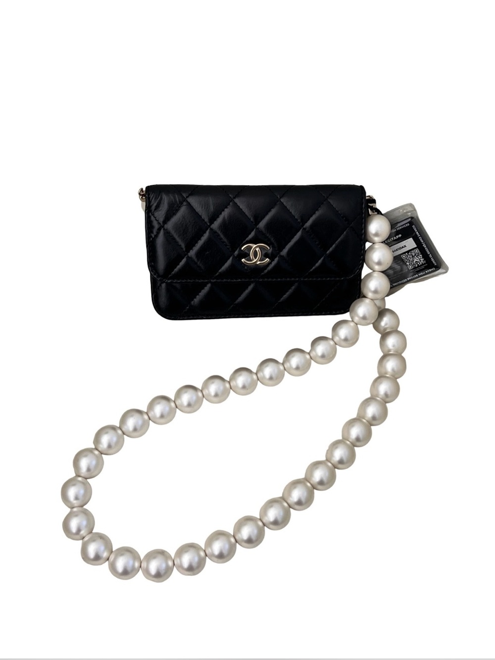 CHANEL Black Quilted Leather Mini Bag with Pearl Strap